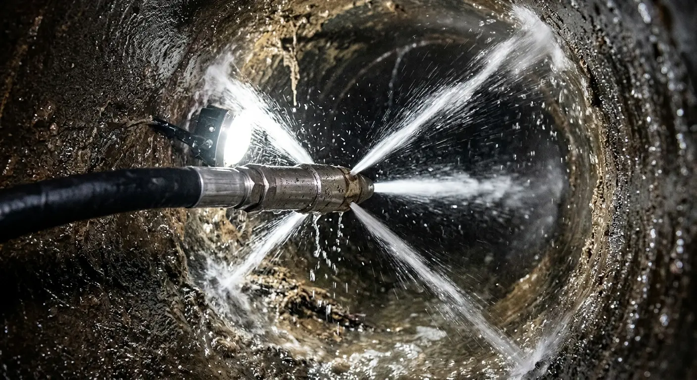 High-pressure hydro jetting nozzle cleaning sewer pipe for Trenchless Sewer Repair in Providence