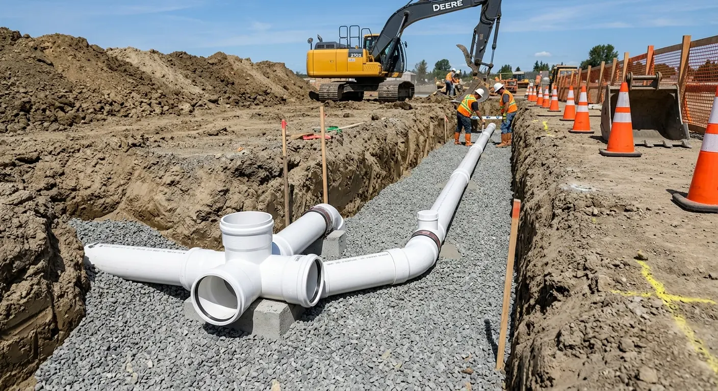 New PVC sewer pipe installation in open trench for Commercial Drain Cleaning in Providence