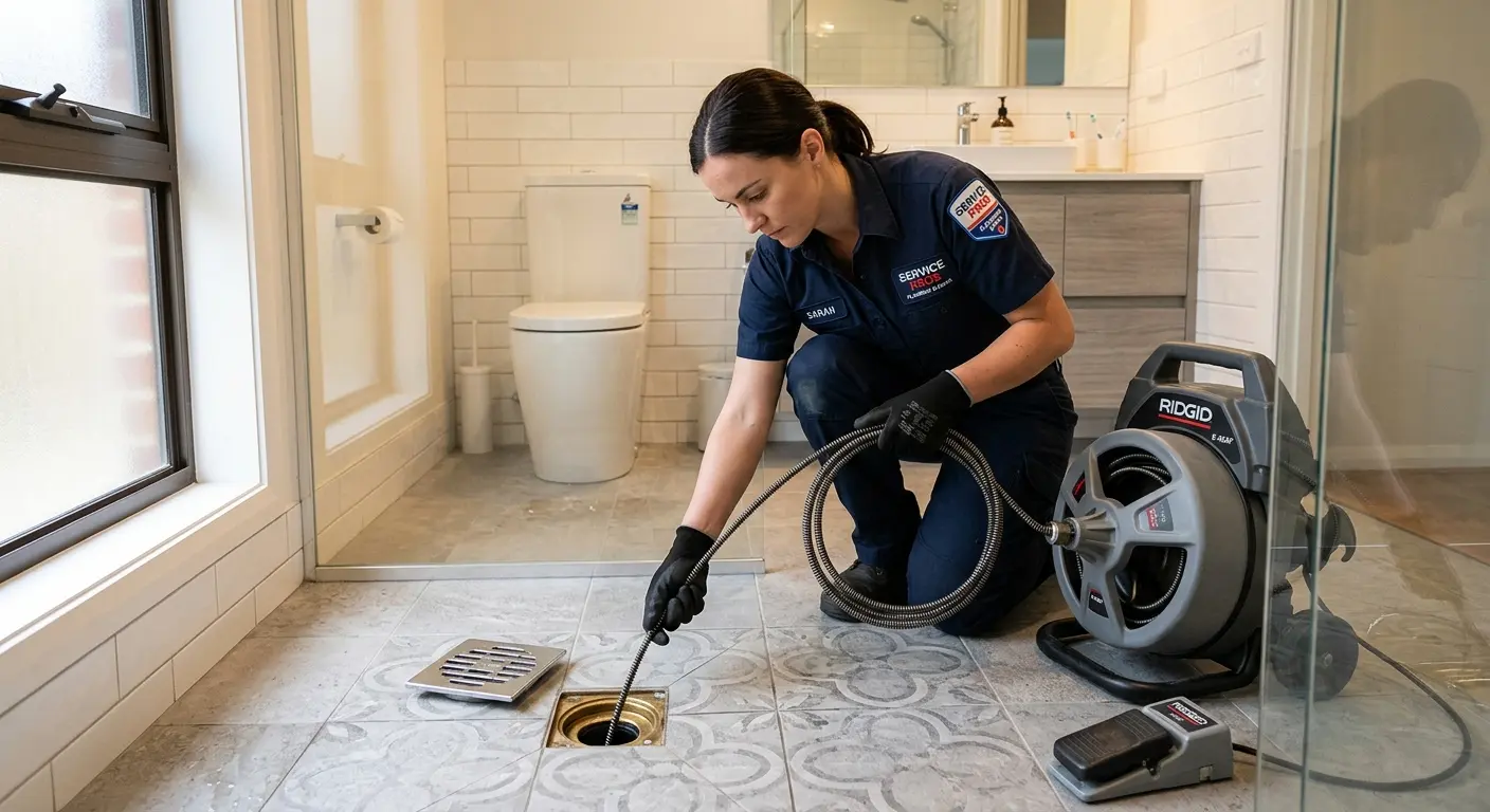 Technician clearing a bathroom floor drain for Sewer Line Installation in Providence
